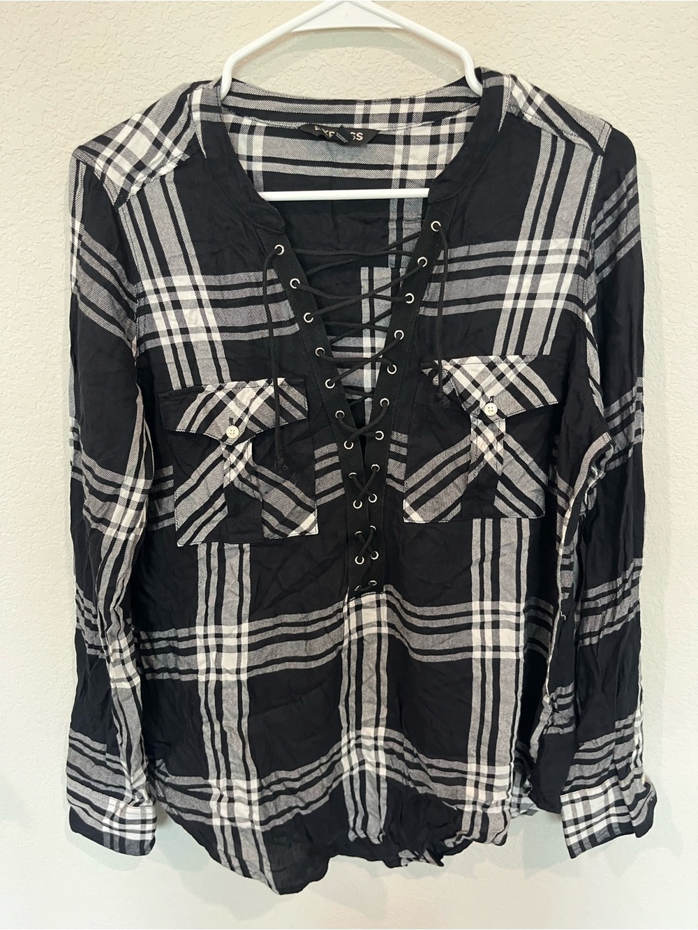 Express Black & White Plaid Lace-Up Button Down Top